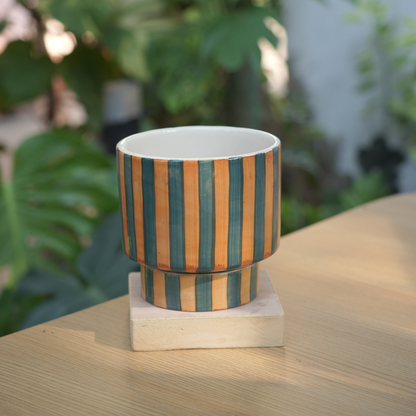 Glossy Ceramic Aesthetic Striped Planter with bottom plate |  Stripes - 1108