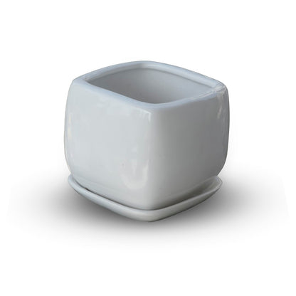 Glossy Ceramic Fatty & Chubby Planter With Bottom Plate | White - 1103