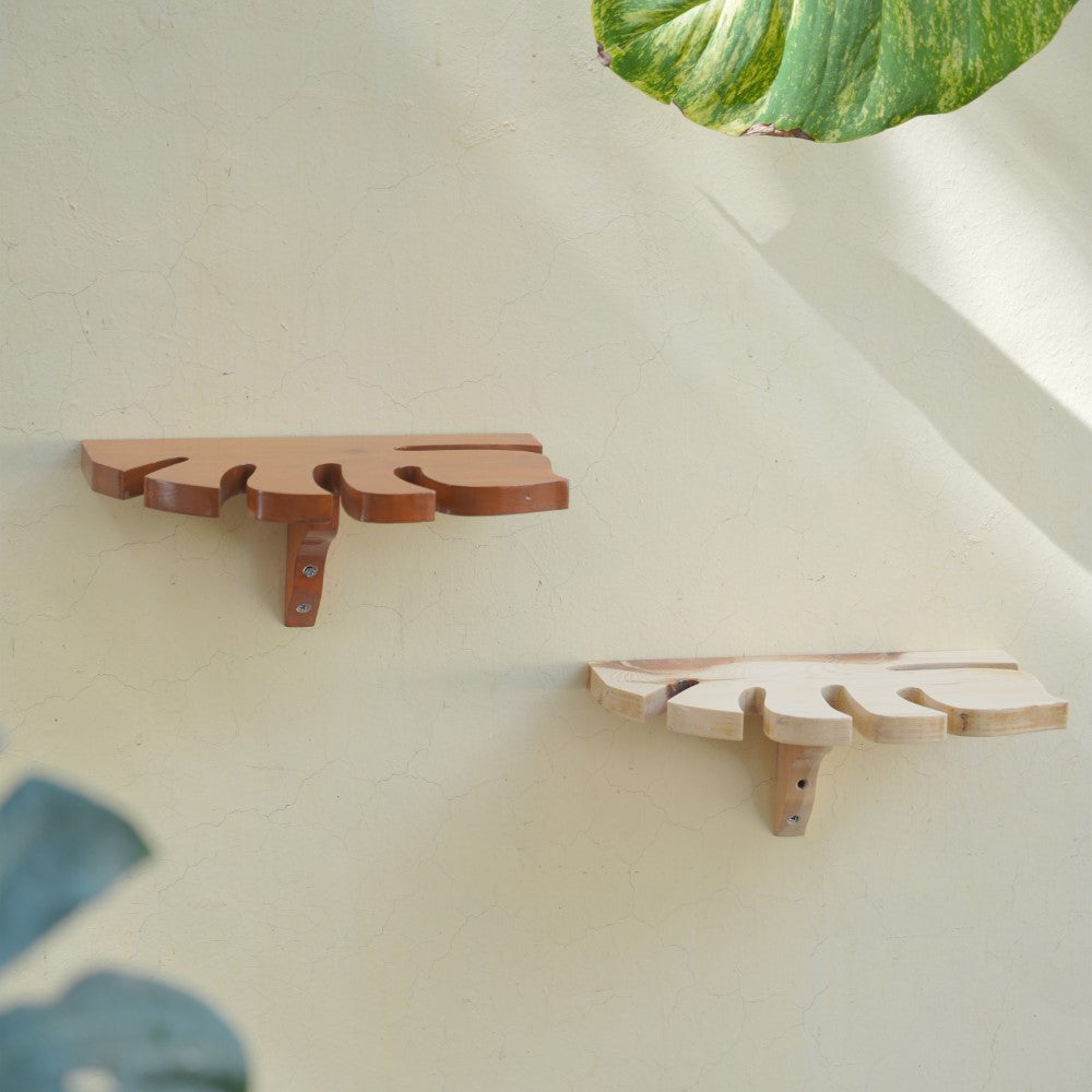 Decorative Wooden Handcrafted Monstera Leaf Shelf | Pack of 2 - 1301