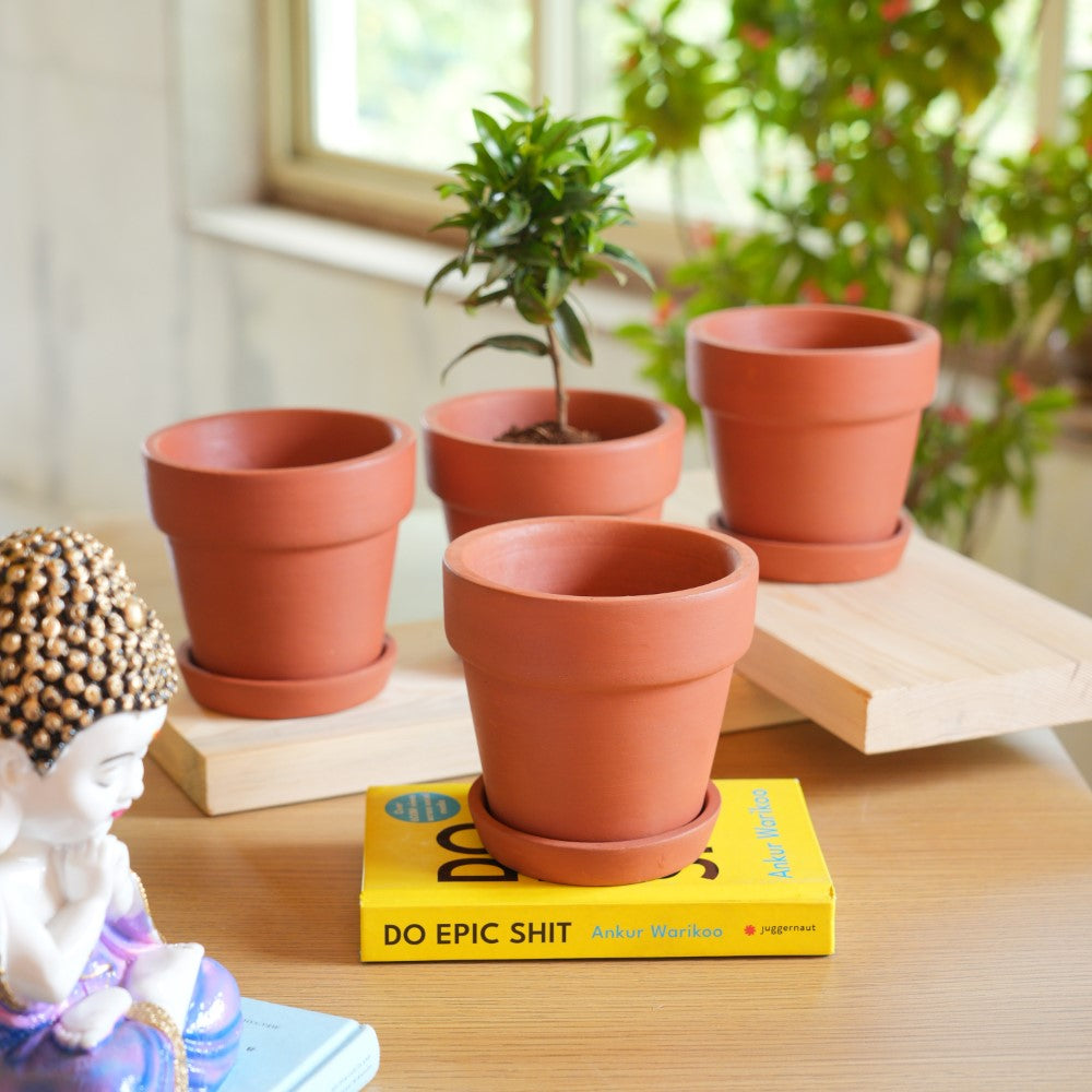 Terracotta Tapered Pattern Pot With Bottom Plate | Handcrafted With Love - 1205