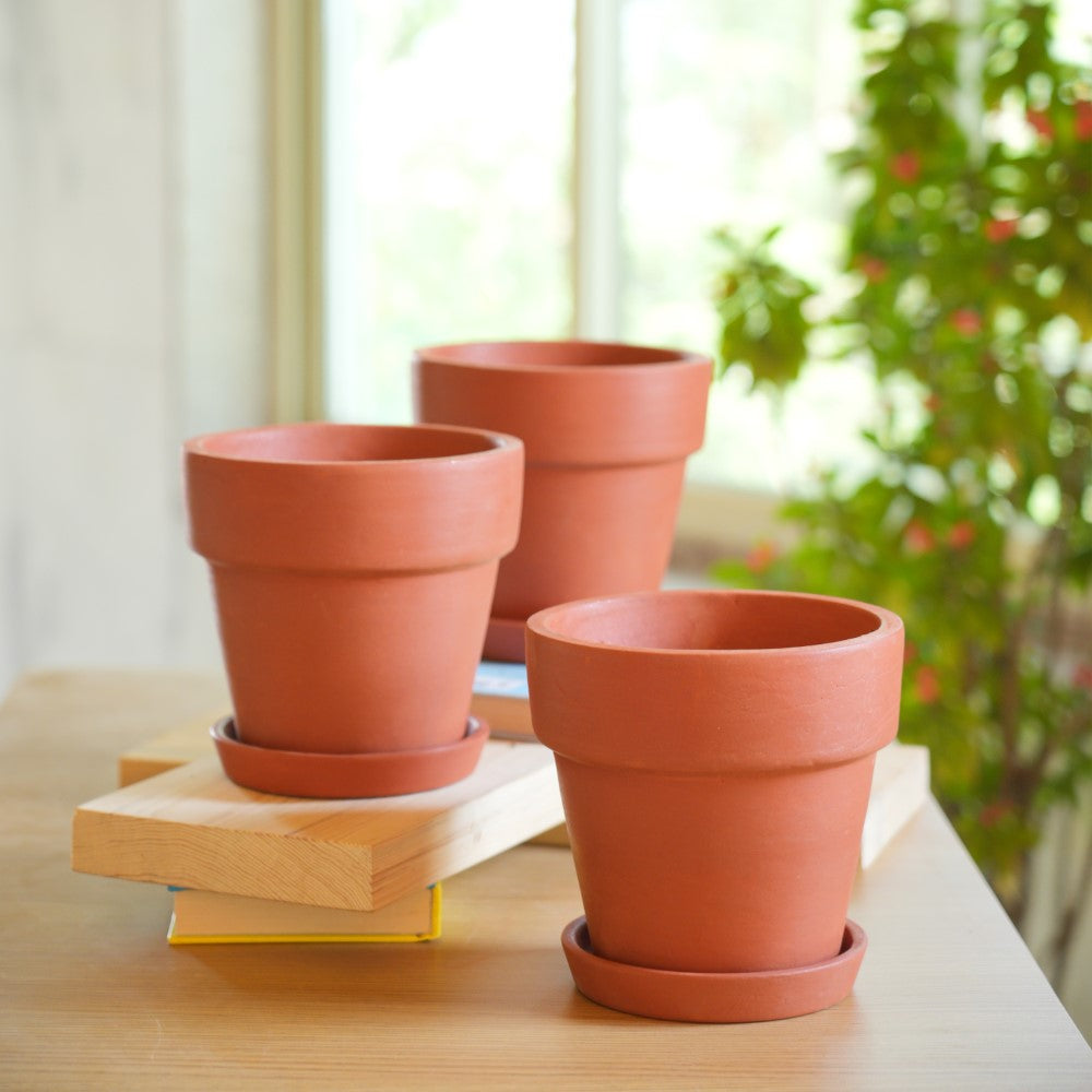 Terracotta Tapered Pattern Pot With Bottom Plate | Handcrafted With Love- 1207